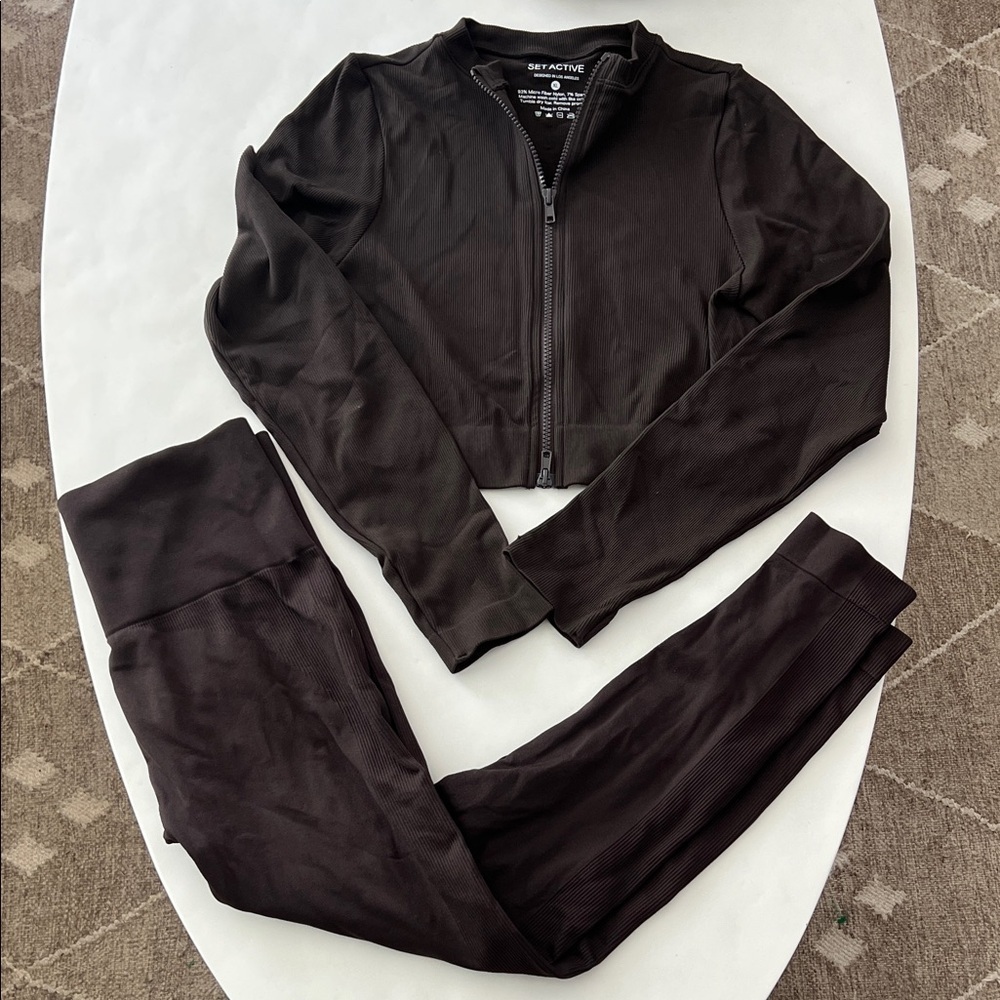 SET ACTIVE 2 Piece Set - Sculptflex Zip Jacket & Leggings Espresso Brown L/XL